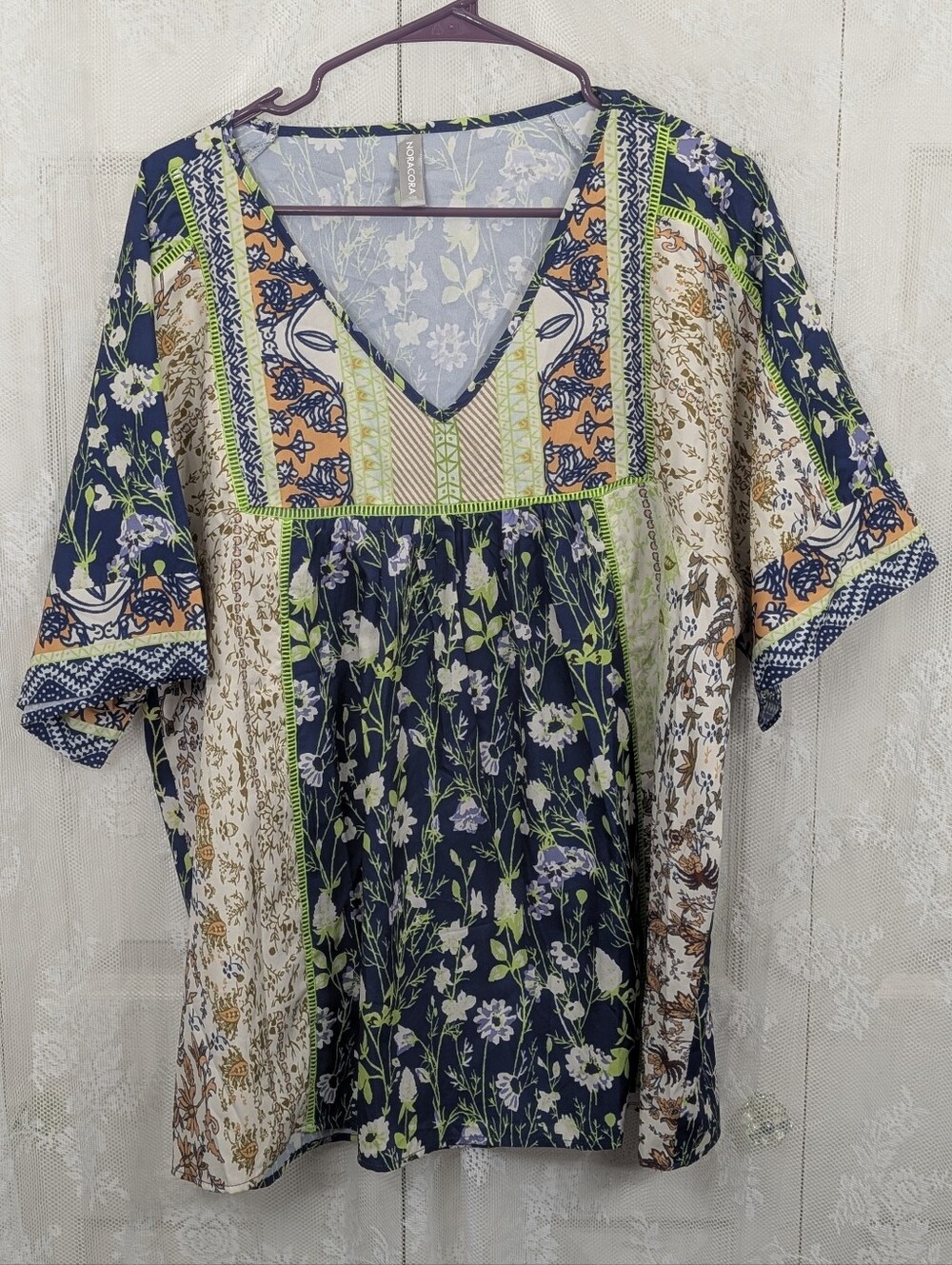 Noracora: Boho Floral Patchwork V-Neck Blouse - Size XXL